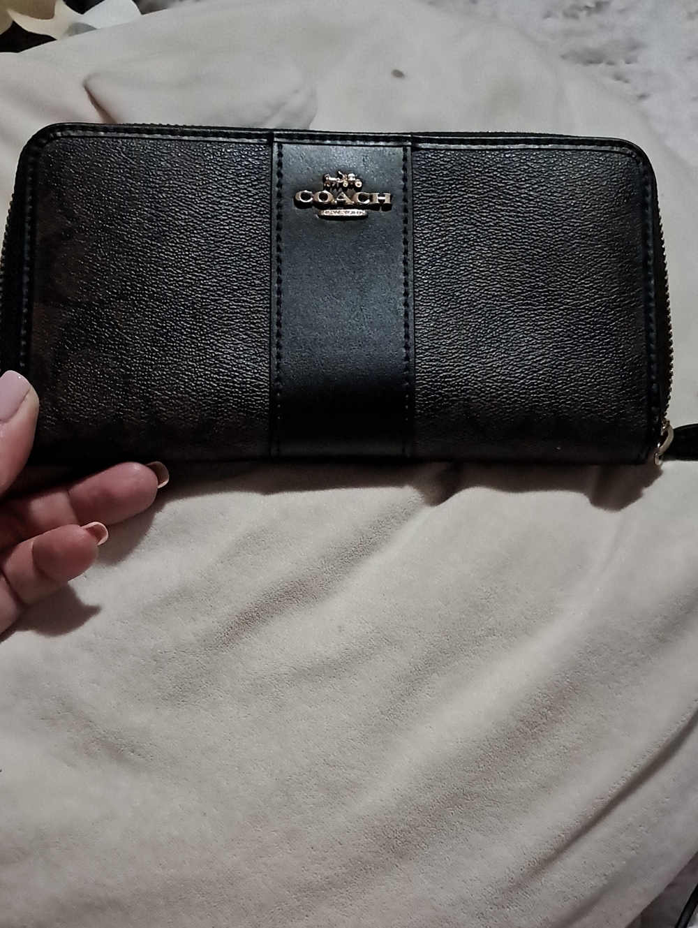Coach Black Zip-Around Wallet with Gold Logo Accent
